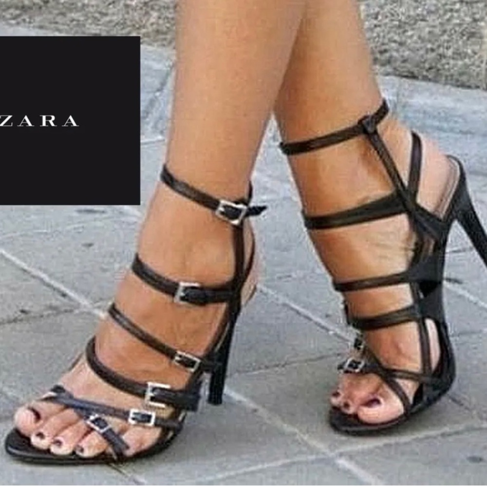 Zara Black Leather Strappy High Heel Sandals sz 8
